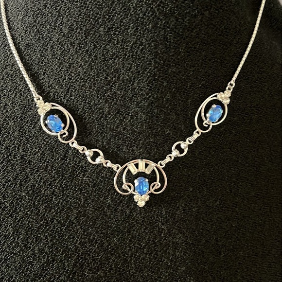 Vintage Loran Sim Sterling Blue Stone Necklace Art Deco Design - Picture 3 of 13